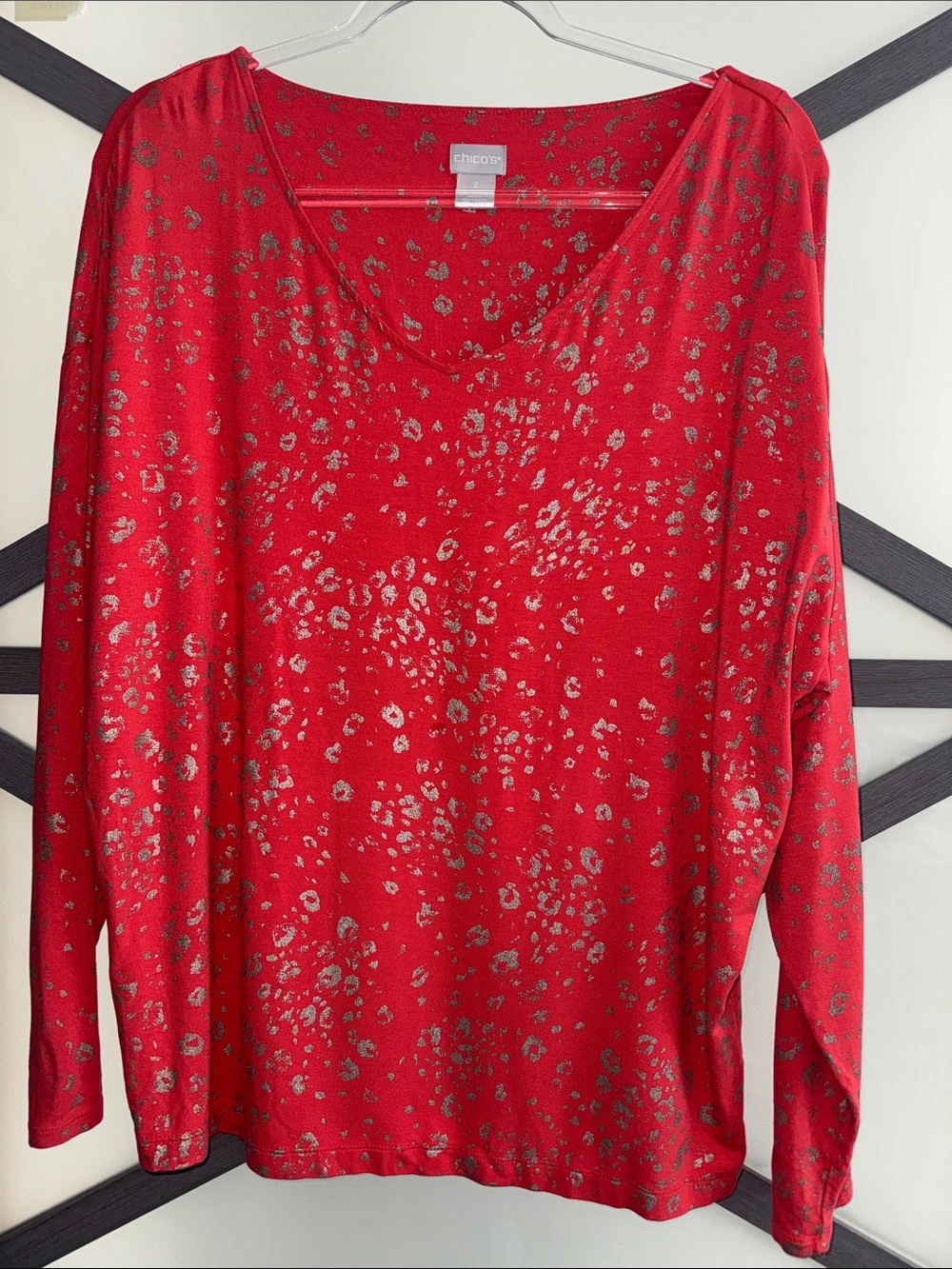 Chico's Red Long-Sleeve Top with Silver Metallic Spots
